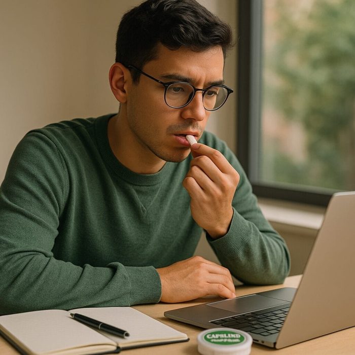 Young Man Using Caffeine Pouches